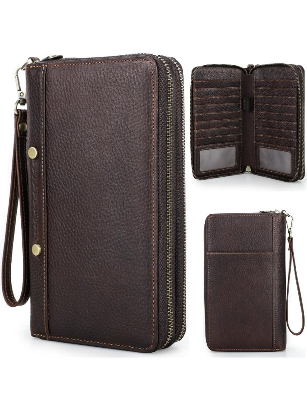 Handmade Vintage Leather Clutch Wallet with Wristlet, RFID, Multi Pockets